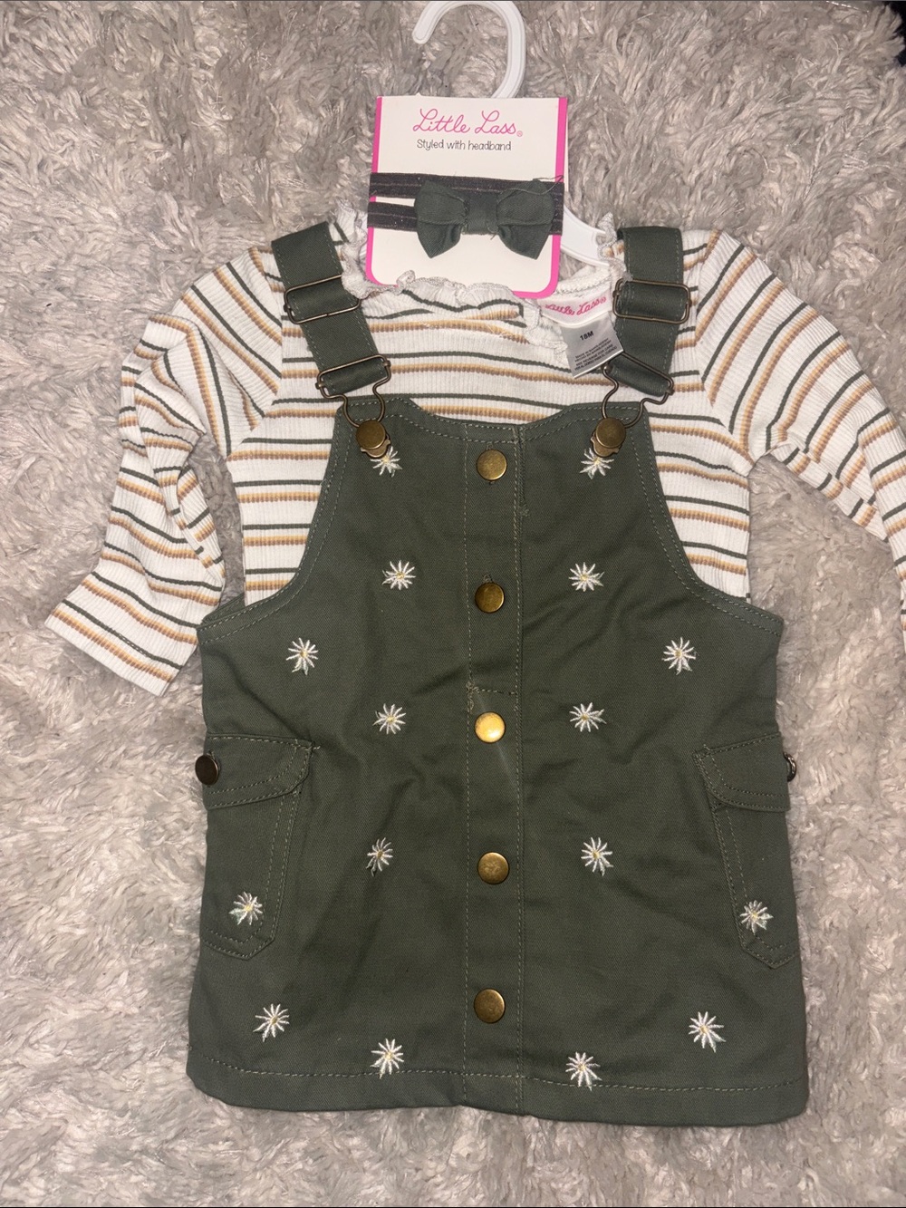 Little Lass Olive Green Daisy Overall Pinafore with Striped Top